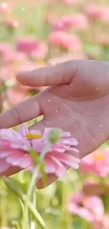 A hand gently touching a pink flower amidst lush greenery.