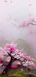 Misty landscape with blooming pink flowers.