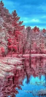 Pink forest reflected in calm lake under bright sky.