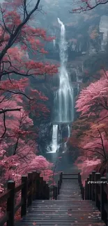 Scenic waterfall in pink forest, serene view.