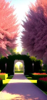 A bright garden path lined with pink blooming trees and a lush, tranquil landscape.