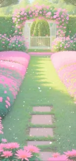 Serene pink garden pathway with lush floral design.