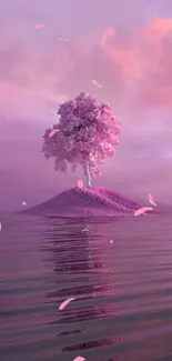 Serene pink island with tree and tranquil waters under a dreamy sky.