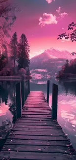 Pink lake with mountain and wooden dock reflecting natural beauty.