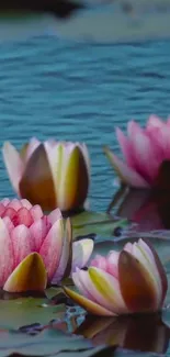 Serene pink lotus flowers floating on calm blue water.