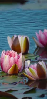 Pink lotus flowers floating on tranquil blue water.