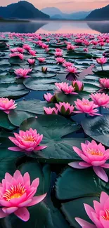 A serene lake filled with pink lotus flowers under a calm sky.