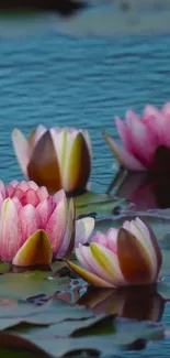 Pink lotus flowers blooming on calm water surface.