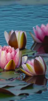 Serene wallpaper featuring pink lotus flowers floating on a tranquil blue lake.