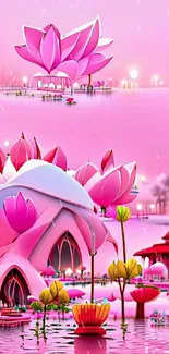 Serene pink lotus wallpaper with floral designs on a peaceful lake.