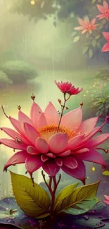 Mobile wallpaper with serene pink lotus blossom and tranquil scenery.