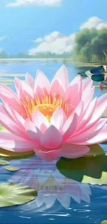 Pink lotus flower on a tranquil pond with blue dragonfly.