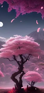 Pink blossom trees under full moon in serene landscape.