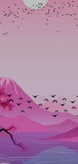 Serene pink mountain with flying birds at dusk.