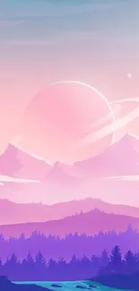 A serene pink landscape with a large planet and mountains in the background.