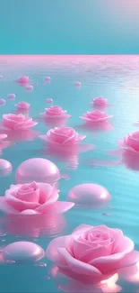 Mobile wallpaper with pink roses floating on calm water under a serene sky.