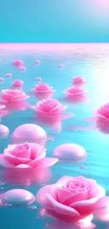 Pink roses floating on turquoise water in a serene mobile wallpaper.