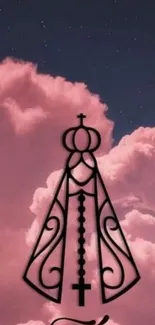 Pink sky with clouds and a faith symbol graphic.