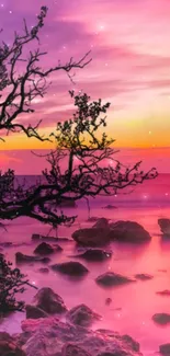 Vibrant pink sunset over serene rocky shoreline.