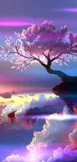 Fantasy wallpaper featuring a pink tree and fiery clouds at sunset.