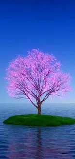 Pink tree on island with blue sky and water, serene mobile wallpaper.