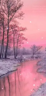 Pink winter landscape with river and snow-covered trees at sunset.