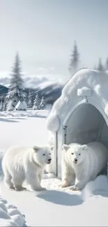 Two polar bears outside a snowy igloo in a winter landscape.