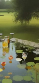 Peaceful pond with floating drinks and lush green surroundings.