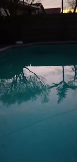 Serene pool at sunset reflecting palm trees.