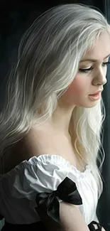 Serene woman with white hair in artistic setting.