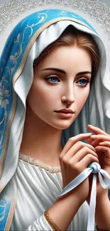 Artistic portrait of a woman with a blue veil and serene expression