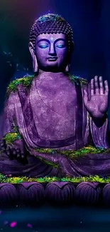 Purple Buddha statue surrounded by nature elements on a mobile wallpaper.