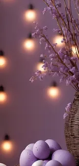 Serene purple floral arrangement with ambient lighting and decor.