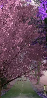 Beautiful path through a purple forest with lush trees.