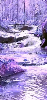 Lavender-tinted forest stream with rocks and trees.