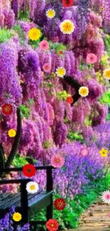 Purple wisteria garden path with lush greenery and a serene bench.