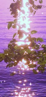 Purple lake with shimmering branches reflected in serene waters.