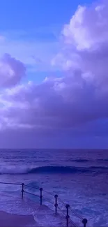 Purple sea view with gentle waves and clouds at horizon.