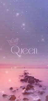 Serene purple sea with stars and 'Queen' text.