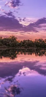 Purple sunset over a tranquil lake with reflections in the water.