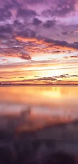 Purple sunset over calm waters reflecting vibrant colors.