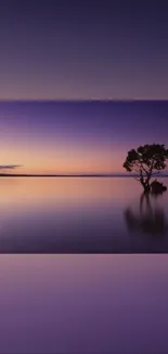 Purple sunset with lone tree over calm water.