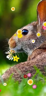 Rabbit in a green field, holding a daisy.