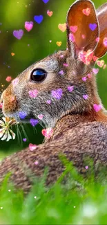 Rabbit in green field holding a small flower.