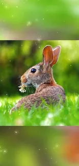 Rabbit in a lush green field with a flower.