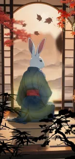 Rabbit in kimono gazing at scenic Japanese garden.