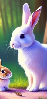 Two cute rabbits in a serene forest setting.