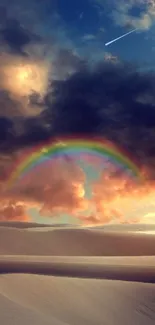 Desert landscape with rainbow and dramatic sky.