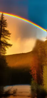 Vibrant rainbow over tranquil forest landscape with calm lake.