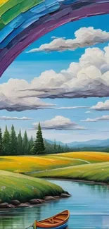 Colorful landscape with rainbow and serene nature view.